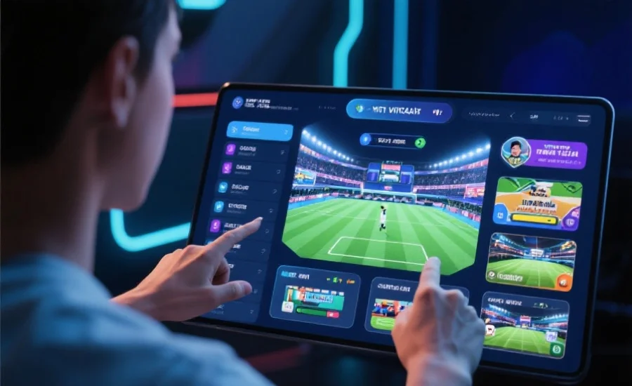 用户在现代化数字平台上操作虚拟体育赛事界面，屏幕上显示各种虚拟比赛选项