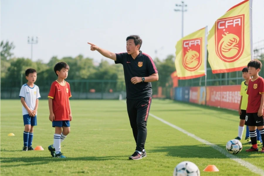 中国足球教练在场边指导年轻球员训练，背景为绿茵场和球队队旗